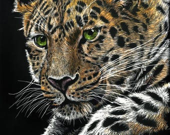 Resting Leopard, Print of an Original Scratchboard Drawing, Mounted in 8”x10” White Mat