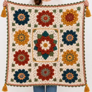 Haakpatroon voor een deken (PDF), bloemenpatroon Grandma Square Afghan, herfstbloemenplaid, boho gehaakte deken, patroon voor herfstdecoratie voor thuis
