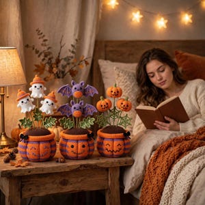 Patrón de maceta de ganchillo para Halloween, macetas de amigurumi de calabaza con murciélago fantasma, decoración floral espeluznante en PDF, centro de mesa de otoño, ganchillo fácil