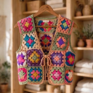 May include: A sleeveless vest constructed from multi-colored crochet granny squares in shades of pink, purple, yellow, blue, orange, and green. The garment features a front tie closure with two long crocheted strings and a V-neckline.