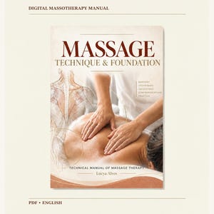 Puede incluir: Un manual digital de masoterapia titulado Massage Technique & Foundation por Lucya Alves. La portada presenta una ilustración fotográfica de manos realizando un masaje en una espalda, junto a un dibujo anatómico del torso humano.
