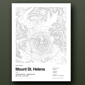 May include: A white topographic map print of Mount St. Helens featuring black contour lines on a white background. The text includes the name Mount St. Helens, summit elevation of 8,363 ft, prominence of 4,605 ft, and coordinates 46.1912 N 122.1944 W.