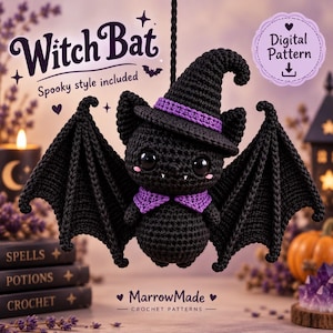 May include: A black crocheted bat ornament wearing a purple-trimmed black witch hat and a purple collar. The bat has large black eyes, small white fangs, and pink cheek accents. Text reads Witch Bat, Spooky style included, Digital Pattern, and MarrowMade.