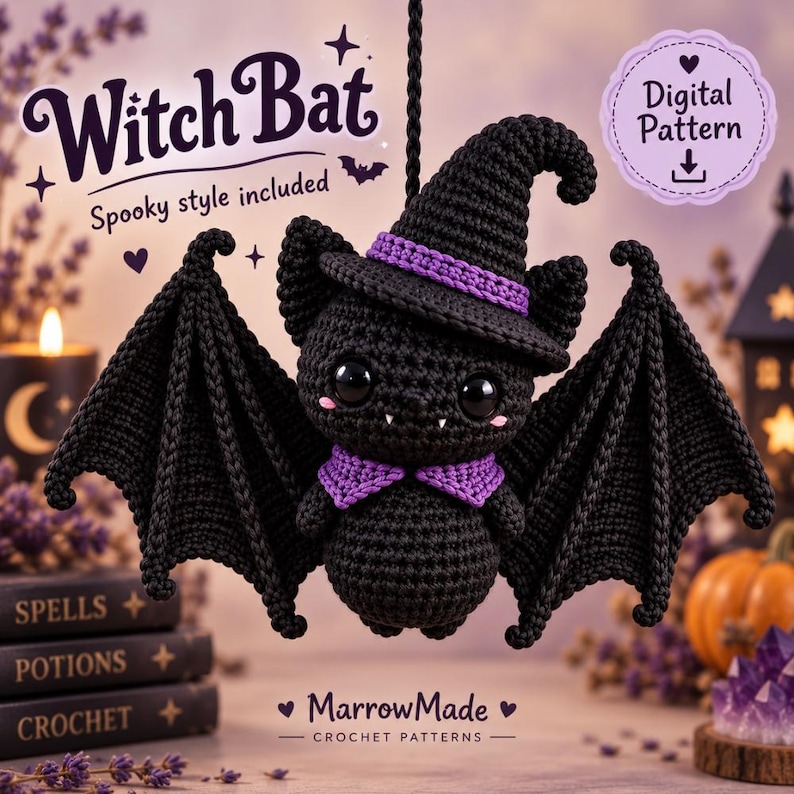 May include: A black crocheted bat ornament wearing a purple-trimmed black witch hat and a purple collar. The bat has large black eyes, small white fangs, and pink cheek accents. Text reads Witch Bat, Spooky style included, Digital Pattern, and MarrowMade.