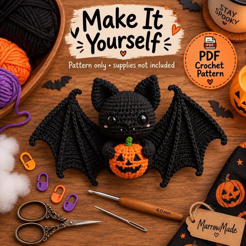 May include: A black crochet bat holding a small orange jack-o'-lantern pumpkin. The image includes text reading Make It Yourself, Pattern only, supplies not included, and PDF Crochet Pattern. Also visible are yarn, scissors, a 4.0 mm crochet hook, and a needle.