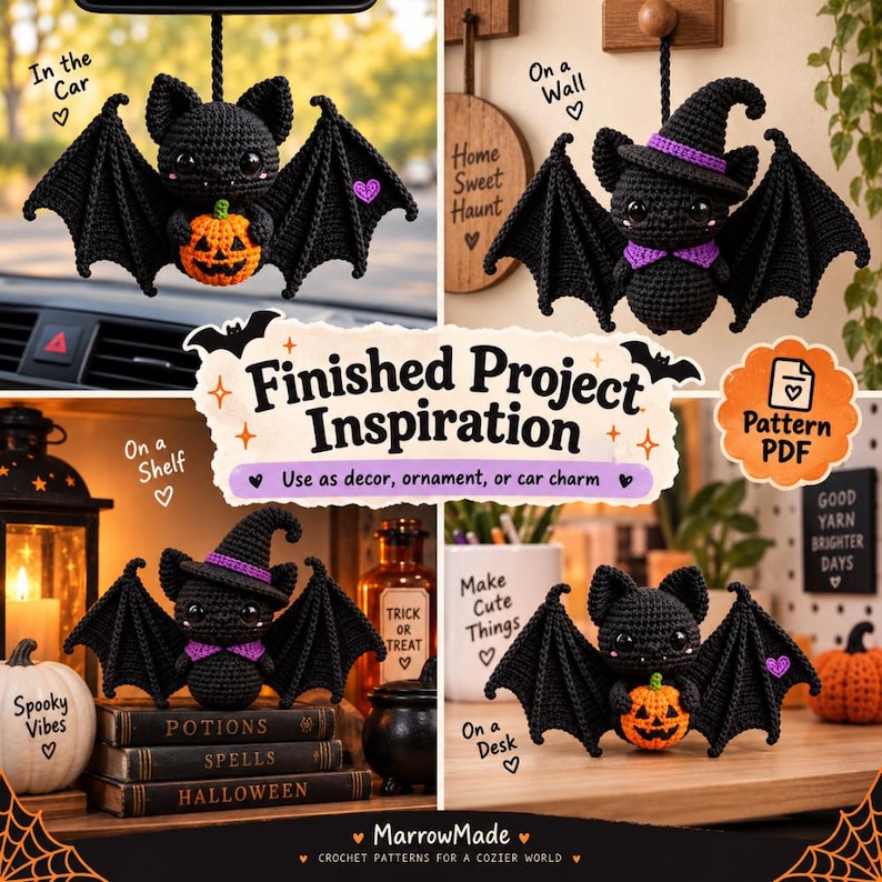 May include: A collection of black crocheted bat ornaments featuring large eyes, some holding orange pumpkins and others wearing purple witch hats and collars. The image includes text such as Finished Project Inspiration and Pattern PDF.