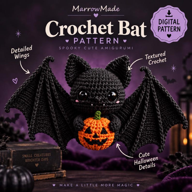May include: A black crochet bat amigurumi holding a small orange pumpkin with a black jack-o'-lantern face. The bat has large black eyes, pointed ears, and detailed wings. Text includes MarrowMade, Crochet Bat Pattern, and Digital Pattern.