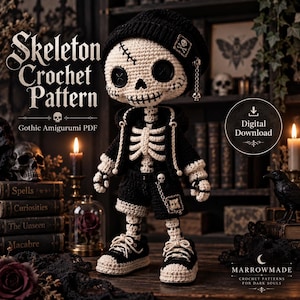 Könnte beinhalten: Eine gehäkelte Skelettpuppe mit schwarzer Mütze mit Totenkopf-Aufnäher, schwarzem Kapuzenpullover, schwarzer Hose und schwarz-weißen Turnschuhen. Der Text lautet Skeleton Crochet Pattern, Gothic Amigurumi PDF, Digital Download und Marrowmade.