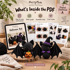 May include: A digital crochet pattern for two styles of Halloween bats, featuring step-by-step instructions, a photo guide, and assembly help. The set includes two finished black crocheted bats, one holding an orange pumpkin and one wearing a purple hat.