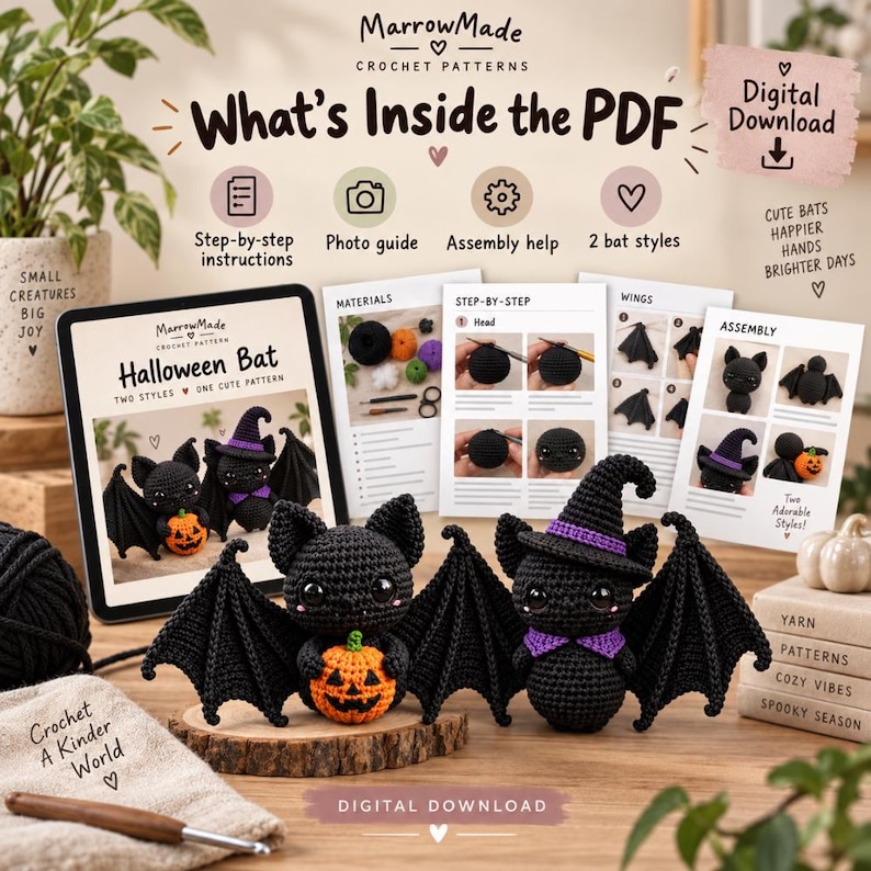 May include: A digital crochet pattern for two styles of Halloween bats, featuring step-by-step instructions, a photo guide, and assembly help. The set includes two finished black crocheted bats, one holding an orange pumpkin and one wearing a purple hat.