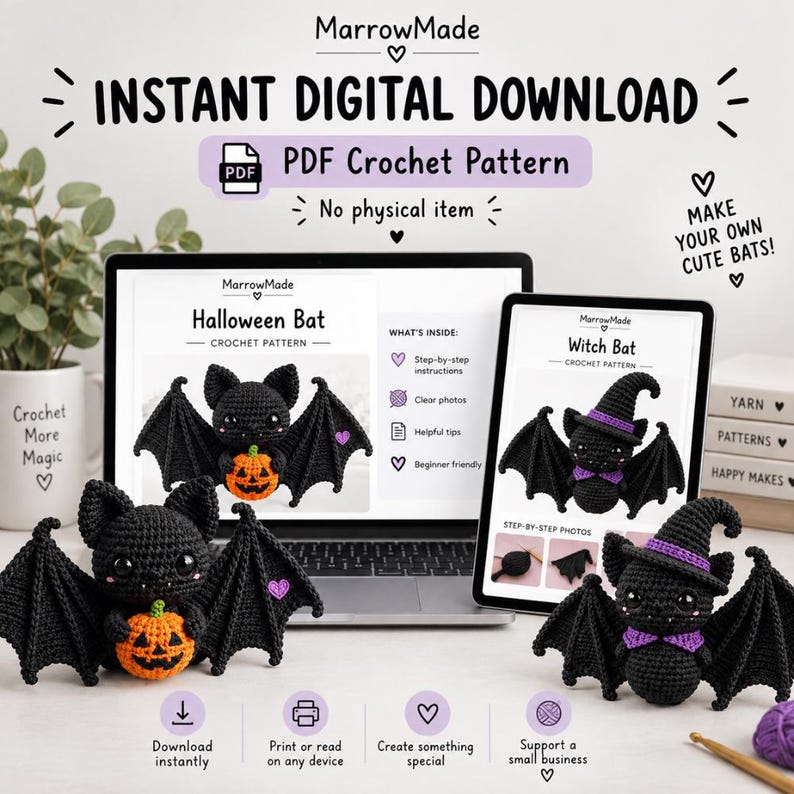 May include: A digital PDF crochet pattern for Halloween bats by MarrowMade, featuring instructions for a bat with a pumpkin and a witch bat. The image displays a laptop and tablet showing the pattern pages alongside two finished crocheted black bats.