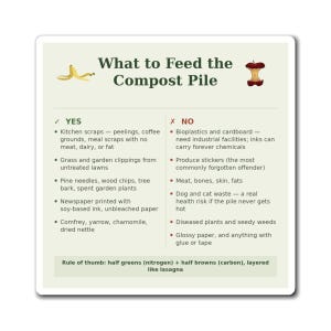 Op de afbeelding: Een vierkant informatiebord met de titel What to Feed the Compost Pile met een illustratie van een bananenschil en klokhuis. Het somt items op om toe te voegen zoals keukenafval en gras, en items om uit te sluiten zoals bioplastics en vlees.