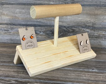 Elevated Wood Earring Card Display with Bracelet Bar