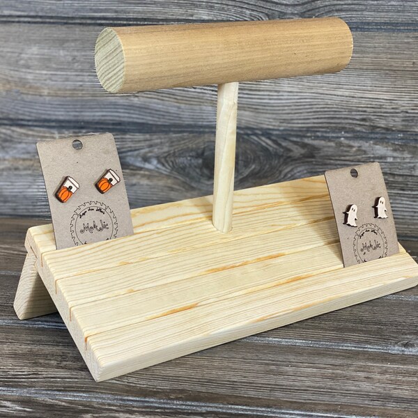 Elevated Wood Earring Card Display with Bracelet Bar