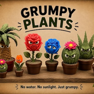 May include: A collection of eight potted plants with anthropomorphic faces, including a palm tree, a red rose, a blue rose, two cacti with pink flowers, an aloe plant, and two orange tulips. The text GRUMPY PLANTS and No water. No sunlight. Just grumpy. appear.