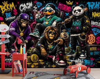May include: A wall mural featuring a gorilla in a purple hoodie, a duck in a teal hoodie, a lion in a black hoodie, and a panda in a black hoodie, all surrounded by graffiti text like BOOM, CASH, LEGEND, KING, and HUSTLE, with gold coins and money bags.