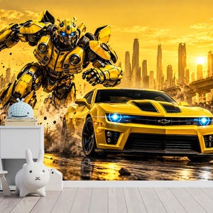 May include: A wall mural featuring a yellow robot and a yellow sports car with black racing stripes against a city skyline at sunset. In the foreground, a white storage unit holds a white rabbit-shaped lamp and a blue whale-shaped lamp.