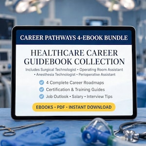 Pode incluir: Uma tela de tablet digital exibindo o Career Pathways 4-Ebook Bundle Healthcare Career Guidebook Collection. O texto lista funções, incluindo tecnólogo cirúrgico, assistente de sala de cirurgia, tecnólogo em anestesia e assistente perioperatório.