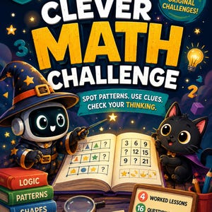 Puede incluir: Un libro Clever Math Challenge para los grados 1-2 con 48 desafíos originales. La portada muestra un robot mago y un gato negro con un libro de acertijos matemáticos abierto, una lupa, una pila de libros etiquetados como Logic, Patterns, Shapes y Problem Solving, y un cartel que enumera 4 lecciones trabajadas, 16 mini pruebas y soluciones completas.