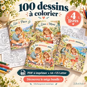 Peut inclure: Un lot numérique de 4 livres de coloriage contenant 100 illustrations. Les couvertures montrent des enfants avec des animaux dans des décors extérieurs. Le texte inclut 100 dessins à colorier, 4 livres, Léo & Paco, Lina & Mimi, Les nouveaux amis, Les grandes aventures et PDF à imprimer.