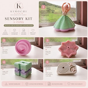 May include: A digital sensory kit product display featuring five 3D printed items: a stacking ballet dancer, a pink wavy spinner, a star-shaped sensory popper, a green and purple fidget cube, and a beige sensory slider board with text labels.