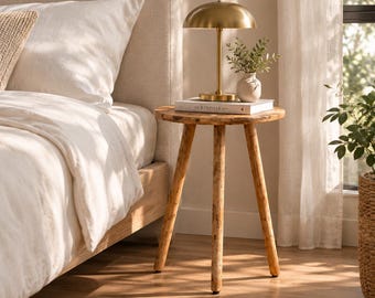Handmade Solid Wood Tripod Side Table, Round Accent Stool, Farmhouse Nightstand