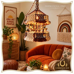 May include: A hanging macrame carousel light fixture featuring intricate brown and cream knotted cord patterns, tiered fringe detailing, and small white horse figurines suspended within the structure, illuminated from the center.