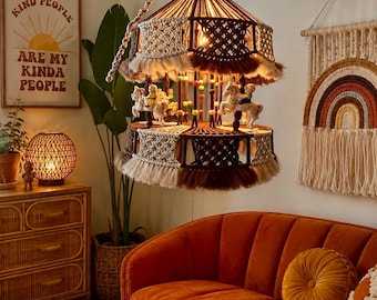 Vintage 1970s Macramé Carousel Horse Swag Lamp | Ceramic Horses | Boho Hanging Light | Retro Nursery Decor