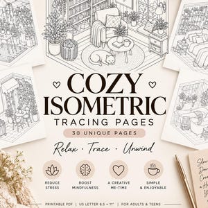 Könnte beinhalten: Eine Sammlung von druckbaren Vorlagen zum Nachzeichnen mit isometrischen Raumdarstellungen. Das zentrale Bild zeigt eine Bibliothek mit Katze, Bücherregalen und Sessel. Der Text umfasst COZY ISOMETRIC TRACING PAGES und 30 UNIQUE PAGES.