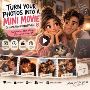 Custom AI Animated Video From Photos, Personalized Cartoon Mini Movie, Digital Gift