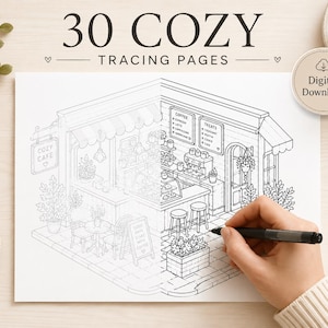 Könnte beinhalten: Ein digitaler Download mit 30 Pausvorlagen, die eine schwarz-weiße Strichzeichnung eines Café-Innenraums zeigen. Die Zeichnung stellt ein Café mit Tischen, Stühlen, einer Theke, Menütafeln und Pflanzen dar, die teilweise mit einem schwarzen Stift ausgefüllt sind.