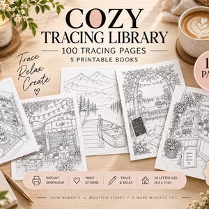 以下が含まれることがあります： COZY TRACING LIBRARYというタイトルの5冊の印刷可能なブックに収められた100枚のトレースページ。カフェ、湖のボート、花屋などの居心地の良いシーンの白黒線画が描かれています。用紙サイズは21.59 x 27.94 cmです。