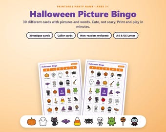 Halloween Bingo voor kinderen, 30 unieke bingokaarten met afbeeldingen, printbaar Halloween feestspel, activiteit voor in de klas, niet eng, PDF