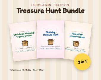Paquete de búsqueda del tesoro para niños, pistas para Navidad, cumpleaños y días lluviosos, tarjetas de pistas imprimibles para interiores, 3 niveles, edades de 3 a 12 años.