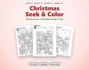 Kerst zoek- en vind kleurboek voor kinderen van 4-8 jaar, verborgen afbeeldingen, 'Ik zie, ik zie wat jij niet ziet'-spel, kerstactiviteit, teloefeningen, 20 scènes