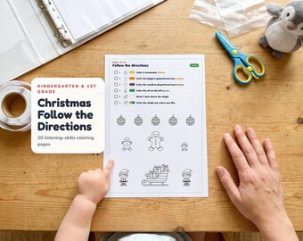 Hojas de trabajo navideñas para seguir instrucciones, actividad navideña para jardín de infantes, páginas para colorear para desarrollar la comprensión auditiva, imprimibles para niños de 4 a 7 años.