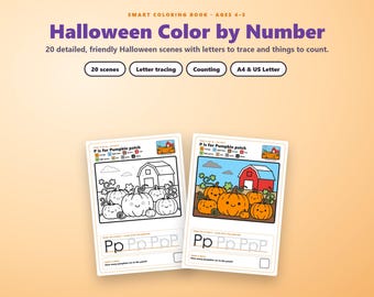 Halloween Kleuren op Nummer voor Kinderen van 4-5 Jaar, 20 Kleurplaten, Letters Overtrekken, Tellen, Niet Eng Halloween Activiteitenboek, PDF