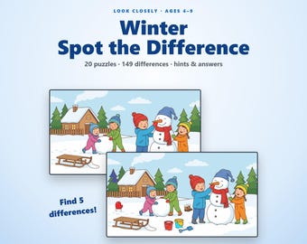 Winterse zoek de verschillen voor kinderen van 4-9 jaar, kleurpuzzels, printbare winteractiviteit, vind de verschillen, plezier op een sneeuwdag