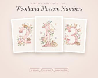 Números de guardería Woodland Blossom del 0 al 9, estampado de conejito y cervatillo en acuarela rosa, decoración para el primer cumpleaños de niña, letrero de hito de edad, imprimible