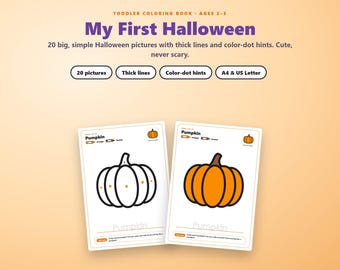 Kleurboek voor peuters met Halloween-thema, geschikt voor kinderen van 2-3 jaar, 20 grote, eenvoudige pagina's, niet eng, dikke lijnen, leer kleuren, activiteit voor kleuters (PDF).