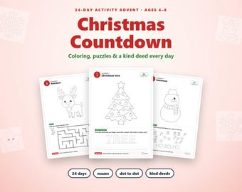 Kerstkalender activiteitenboek voor kinderen van 4-8 jaar, 24 dagen aftellen, kleurplaten, doolhoven, punt-na-punt tekeningen, printbare activiteiten over vriendelijkheid