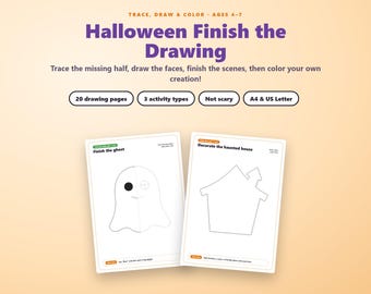 Halloween-tekening afmaken voor kinderen van 4-7 jaar, de andere helft overtrekken, het gezicht tekenen, symmetrische tekenpagina's, Halloween-activiteit in PDF-formaat