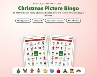 Kerstbingo voor kinderen, 30 unieke bingokaarten met afbeeldingen, printbaar kerstspel, activiteit voor in de klas tijdens de feestdagen, geschikt voor kinderen die nog niet kunnen lezen.