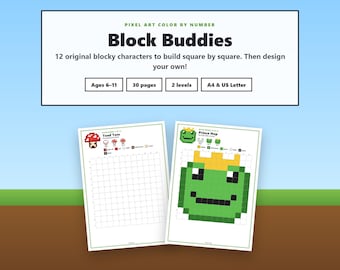 Pixel Art Kleuren op Nummer voor Kinderen, Printbaar Kleurboek, 12 Originele Personages, 2 Niveaus, Schermvrije Activiteit Leeftijd 6-11, PDF