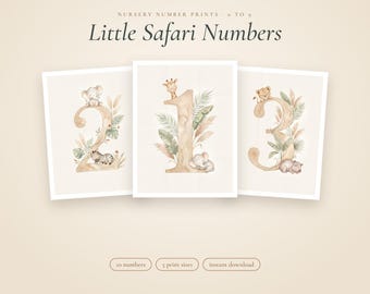 Láminas de números para guardería con temática de safari, números de animales de la jungla del 0 al 9, decoración para el primer cumpleaños con temática de animales salvajes, letrero de edad, arte de pared en acuarela neutra, imprimible.