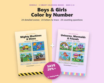 Kleuren op nummer bundel voor jongens en meisjes van 4-6 jaar, 2 kleurboeken, vrachtwagens, dinosaurussen, eenhoorns en zeemeerminnen, letters om over te trekken, printbaar PDF-bestand