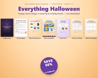 Halloween printbaar pakket voor kinderen: escape room, bingo, kleurboeken, punt-tot-punt tekenen, tekening afmaken, feestpakket voor in de klas, leeftijd 2-11