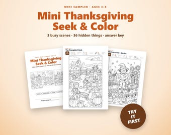 Mini Thanksgiving zoek- en vindspelletjes om te printen, 3 kleurplaten met verborgen afbeeldingen voor kinderen van 4-8 jaar, 'Ik zie, ik zie wat jij niet ziet' Thanksgiving activiteitenpakket