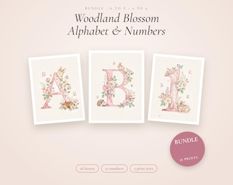 Paquete de alfabeto y números para guardería con temática de flores del bosque, letrero con el nombre del bebé e impresión de la fecha de nacimiento, acuarela de conejito rosa de la A a la Z del 0 al 9, imprimible.