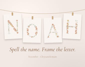 Print met de geboortebloem van november, chrysantenalfabet A-Z, muurdecoratie voor de kinderkamer, naambanner voor een babyshower, roestbruine print